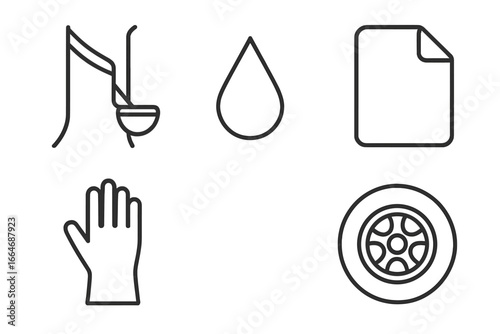 Natural rubber production outline icon set. Vector line art of tree tapping, latex sap drop, rubber sheet, protective glove, and car tire. Raw industrial materials concept.