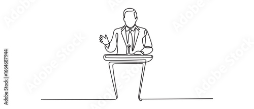 Continuous one line drawing The president stands behind the rostrum and gives a speech at Global Forum. Single line draw design. Vector black silhouette. with white background