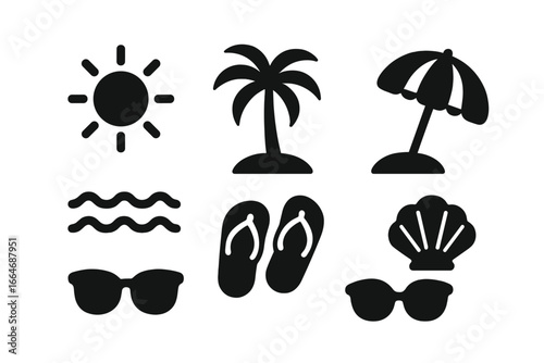 Summer icon set. Solid glyph filled icons of beach vacation elements. Sun, palm tree, ocean waves, flip flops, beach umbrella, seashell, sunglasses vector symbols. Travel holiday concept.