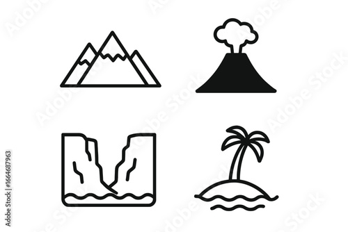 Natural formations icon set. Mountain, volcano, canyon, tropical island with palm tree. Linear and silhouette geographic symbols. Vector landscape elements collection.