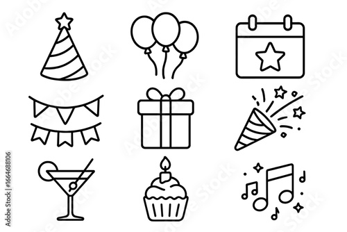 Party celebration line icon set. Festive outline symbols for birthday, event, and holiday design. Vector collection of minimal icons: gift, balloon, cake, and confetti.