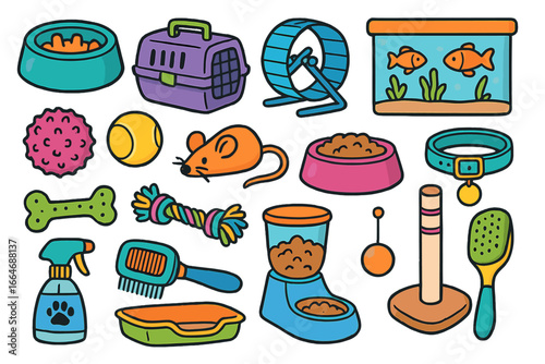 Pet shop cartoon icon set. Vector collection of pet care accessories for dog, cat, fish, hamster. Food bowl, toy, carrier, collar, grooming brush, aquarium, bone.