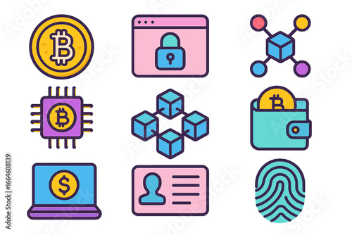Cryptocurrency and blockchain technology icon set. Colorful vector illustration with bitcoin, wallet, security lock, network, chip, digital id, and fingerprint symbols.