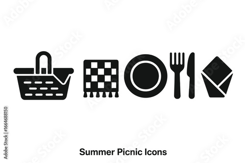Summer picnic solid glyph icon set with essentials like basket, checkered blanket, plate, cutlery, fork, knife, and napkin. Vector graphic elements for outdoor dining.