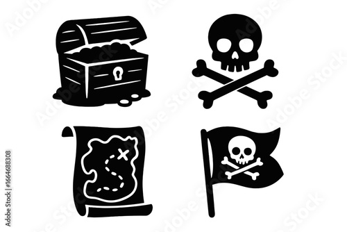 Pirate adventure icon set with treasure chest, skull and crossbones, Jolly Roger flag, and old map. Black silhouette vector cartoon collection for adventure and fantasy.