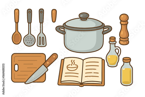 Set of cartoon kitchen utensils for home cooking. Culinary equipment collection with pot, knife, cutting board, recipe book and oil. Vector food preparation concept.