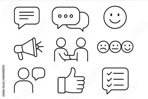 Communication and feedback line icon set. Business icons for customer review, satisfaction survey, and social interaction. Thin outline symbols for chat, message and emoji.