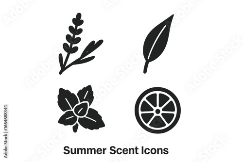 Summer Scent Icons Vector Set, Solid Filled Aromatic Symbols, Lavender Sprig, Eucalyptus Leaf, Fresh Mint Leaves, Citrus Slice, Aromatherapy, Herbal and Citrus Fragrance Illustration