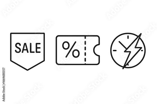 Outline set of promotional icons including sale banner, discount coupon, flash sale clock, marketing symbols, price tag, sales campaign vector illustration on transparent background