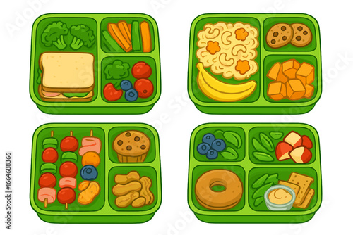 Kids lunch box set with healthy food for school. Vector bento box collection with balanced meals, snacks, fruit, and vegetables. Children's nutrition meal prep cartoon concept.