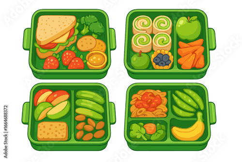 Set of healthy school lunch box ideas for kids. Vector bento box with balanced meal, sandwich, fruits, vegetables. Nutrition concept for children. Meal prep cartoon illustration.