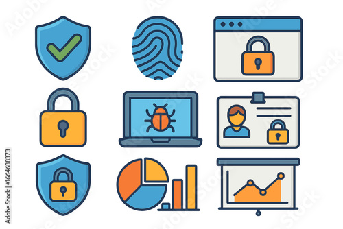 Cybersecurity and data analytics icon set. Digital security concepts like fingerprint, virus protection, shield, secure lock and ID card. Business data visualization charts.