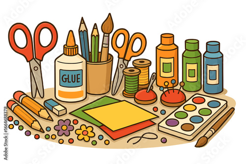 Art and craft supplies for creative hobby and DIY projects. Back to school set with scissors, glue, paint, brushes, pencils. Handmade creative workshop concept vector.