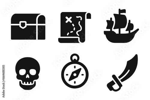 Pirate adventure solid icon set. Treasure chest, map, ship, skull, compass, sword. Vector glyph symbols for navigation, sea journey, and treasure hunt. Flat black silhouettes.