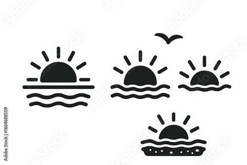 Sunrise icon set with solid filled vector illustrations of rising sun on shoreline, calm waves, horizon line, bird silhouette, wet sand – minimalist summer beach nature symbols
