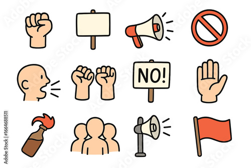 Protest and activism icon set. Demonstration, revolution, and social movement symbols. Raised fist, protest sign, megaphone, and crowd. Political strike cartoon vector.