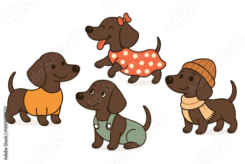 Set of cute dachshund characters in clothes. Adorable cartoon vector illustration of happy sausage dogs. Playful puppy pets with personality in different fashion outfits.