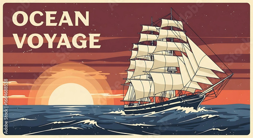 Timeless maritime scene depicting a classic sailing ship navigating through the ocean at sunset, evoking a sense of adventure and exploration in the vast expanse of the sea