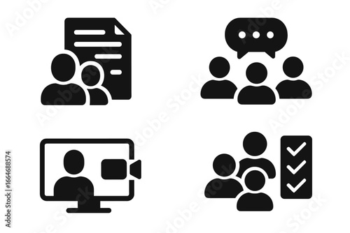 Team Collaboration Icons Solid Filled Vector Set with Shared Documents, Group Chat, Video Conference, Task Management, Remote Work and Communication Symbols