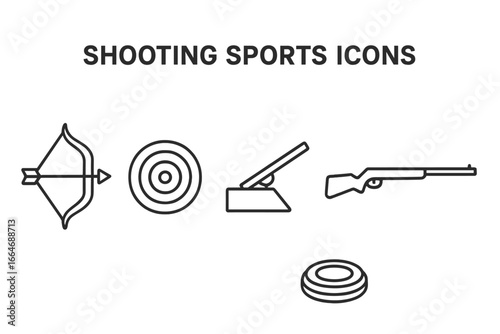 Outline Icon Set of Shooting Sports Equipment Including Bow and Arrow, Bullseye Target, Skeet Launcher, Air Rifle, and Clay Pigeon Vector Illustration on Transparent Background