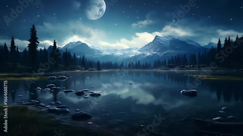 Stunning moonlit mountain lake scene with tranquil water reflecting the night sky and stars