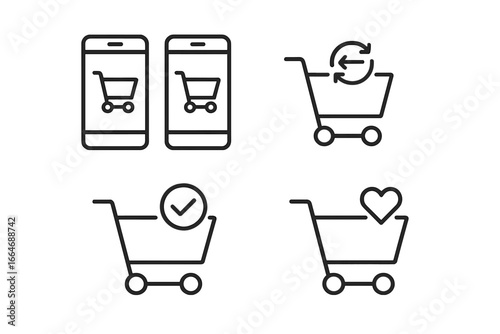 Shopping Cart Icons Outline Set with Multi-Cart, Side-by-Side Cart Screens, Comparison Icon, Selection Checkmark, Favorites Heart Symbol - Vector Illustration
