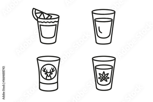 Shot Glass Icon Set, Outline Vector Collection of Tequila, Vodka, Jägermeister and Sambuca Shooters, Alcohol Drink Symbols, Party and Bar Alcoholic Beverage Glassware Illustration