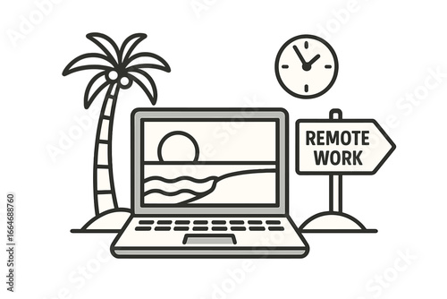 Remote work concept. Digital nomad lifestyle. Freelance job on the beach. Laptop, palm tree, clock icon. Work from anywhere vector illustration. Online office business.