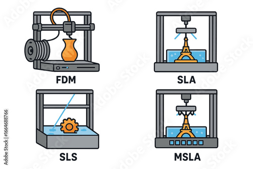 3D printing technology types vector icon set. FDM, SLA, SLS, MSLA methods illustrated. Additive manufacturing, rapid prototyping, engineering, and industrial production concept.