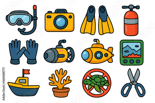 Scuba diving and marine conservation icon set. Underwater exploration equipment, submarine, boat, camera. Vector illustration for ecology and ocean protection concepts.