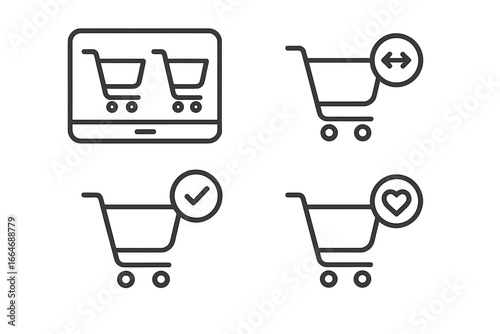 Shopping cart icons outline set with multi-cart comparison, side-by-side cart screens, selection checkmark, favorites heart, and ecommerce vector illustration on transparent background