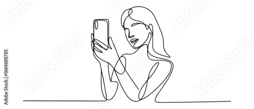 Single one line drawing young woman record live video on modern smartphone gadget. Vlogging concept. Continuous line draw design. Vector black silhouette. with white background