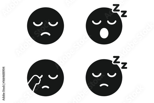 Set of solid sleepy face icons with funny expressions including yawning, snoring, rubbing eyes, and droopy eyes for tired mood and fatigue concepts, vector illustration