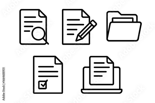Document management line icon set. File organization, digital documents, data workflow. Edit, search, approve, archive. Office administration and paperwork concept.