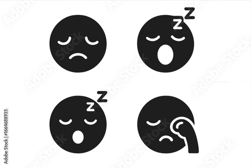 Sleepy face icons set, solid filled funny expressions with droopy eyes, yawning, snoring, rubbing eyes, tired emotions vector illustration on transparent background