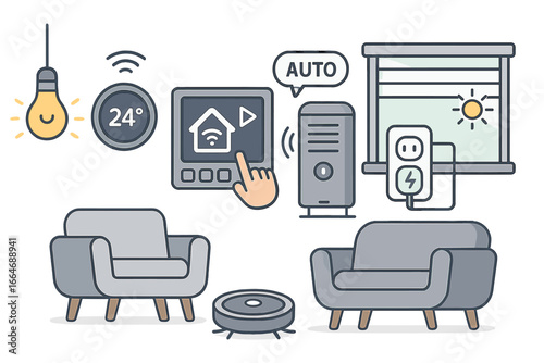 Smart home devices for energy management and convenience in modern living space, vector cartoon illustration showing automation, temperature control, smart light, robot vacuum, and window blinds