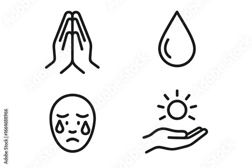Tearful prayer icons outline set with praying hands, teardrop, sad face, light beam, closed eyes, gentle emotions, spiritual relief, hope and healing vector illustration