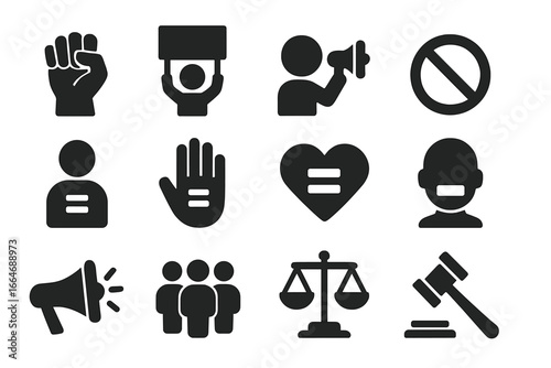 Protest and justice solid icon set. Activism, equality, and human rights legal icons collection. Vector symbols for demonstration, strike, and social issues concepts.