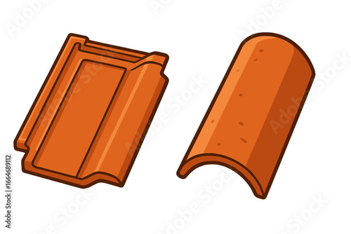 Comparison of two terracotta roof tiles. Clay ceramic shingles for construction. Building materials for residential house rooftop. Vector set of different architectural roofing.