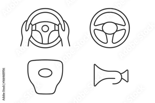 Steering Wheel Icon Set with Precise Hand Positioning, 10 and 2 Hand Marks, Airbag Cover, Horn Symbol, Outline Vector Illustration, Driving Safety, POV Perspective