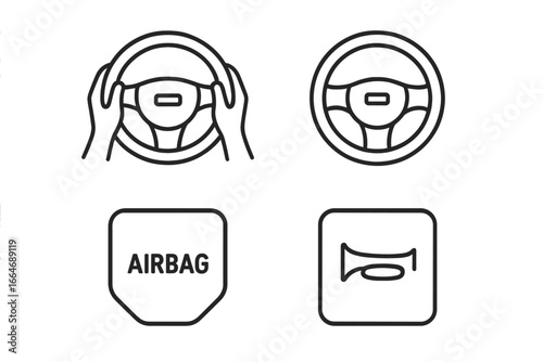 Steering wheel icon set with precise hand positioning, POV view, 10 and 2 hand marks, airbag cover, horn symbol, vector illustration on transparent background for car safety and driving education