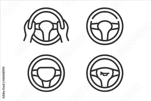 Steering wheel icon set with precise hand positioning, 10 and 2 hand marks, airbag cover, horn symbol, outline style, POV perspective, vector illustration on transparent background