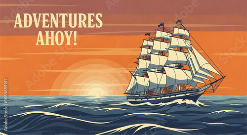 Vintage nautical illustration featuring a sailing ship at sea during sunset evoking a sense of adventure and exploration for all those looking to take a voyage