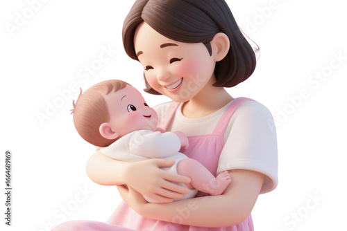 Kawaii-style mom character holding a baby.