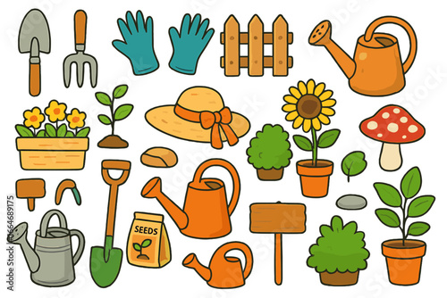 Gardening icons set. Garden tool collection for planting and horticulture. Cartoon vector elements for farming, agriculture, landscaping. Spring hobby with plants and flowers.