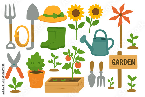 Gardening icon set with tools and plants for hobby cultivation. Vector cartoon illustration of shovel, watering can, boots, sunflower, tomato. Outdoor spring farm elements.