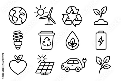 Eco friendly outline icon set for sustainability and green energy. Icons for recycling, environment, and conservation. Vector symbols for renewable resources and clean tech.