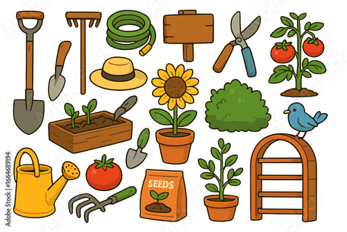Gardening icon set. Vector cartoon illustration of garden tools, plants, and equipment. Shovel, rake, seeds, watering can, tomato, sunflower for farming and horticulture.