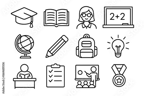 Education and learning icon set. School, university and academic symbols. Linear outline collection for web and app design. Student, teacher, classroom, graduation and knowledge concepts.