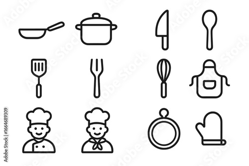 Cooking utensil & chef line icon set. Vector collection for kitchen, restaurant menu, recipe or food blog. Minimalist symbols including pot, pan, knife, cook, apron, whisk.